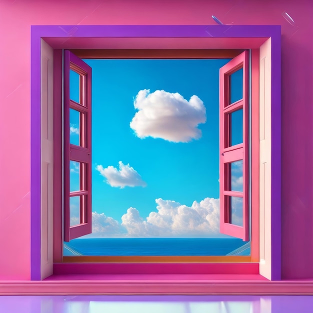 Foto un muro rosa con un cielo azzurro e nuvole al suo interno