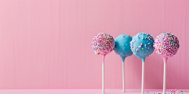 a pink wall with blue and white frosted donuts on sticks