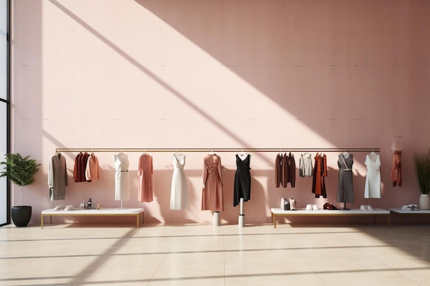 a pink wall with a bunch of clothes hanging on it