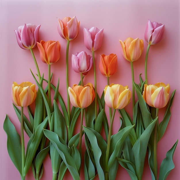 a pink wall with a bunch of tulips on it