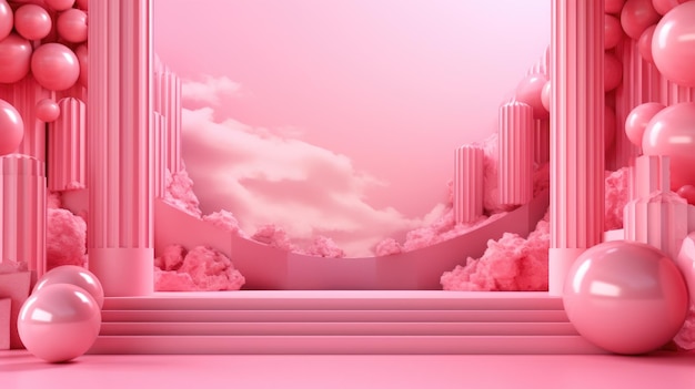 Pink wall with a city in the background