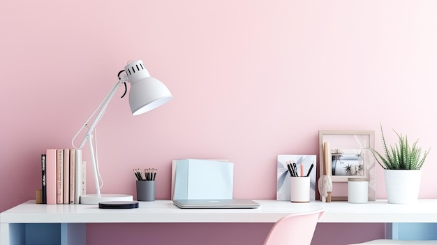 A pink wall with a desk and a laptop on it.