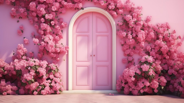 Розовая стена с пустым пространством и великолепная большая цветочная композиция на розовой двери