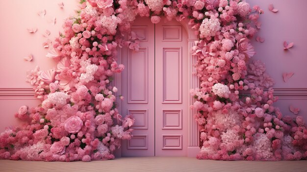 Pink wall with empty space and a gorgeous large flower arrangement on the pink door Generative AI