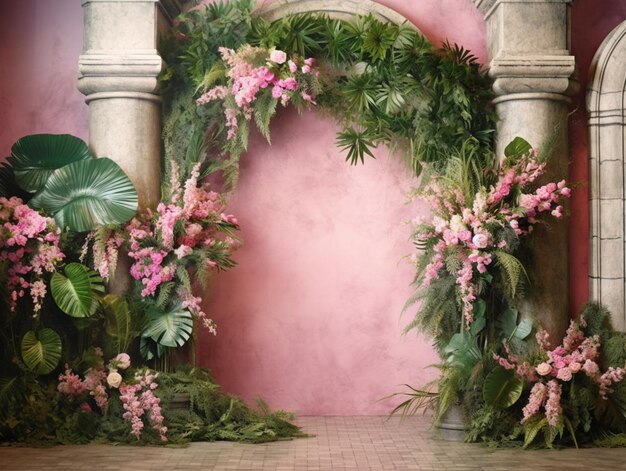 A pink wall with a floral arch and a pink wall with a bunch of flowers on it