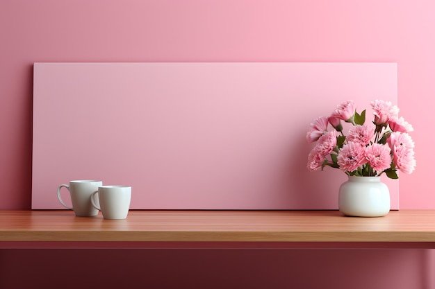 a pink wall with flowers on it and a pink wall behind them.