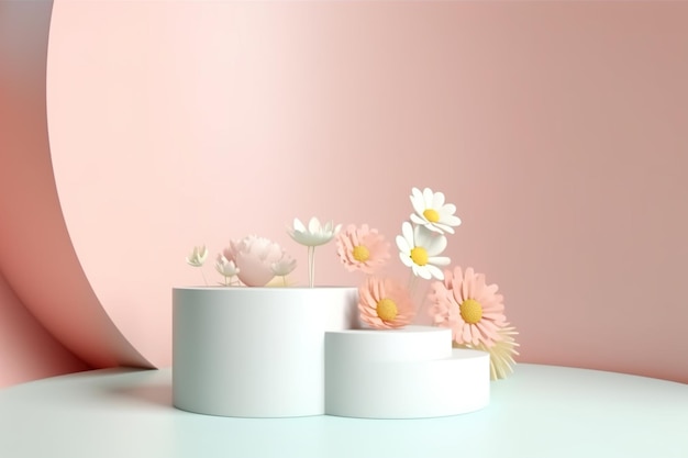 A pink wall with flowers on it and a white container with a white lid