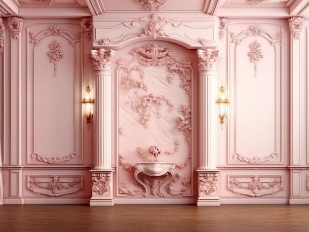 Pink wall with a fountain and columns