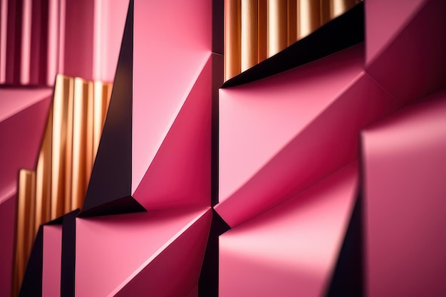 A pink wall with gold and pink shapes