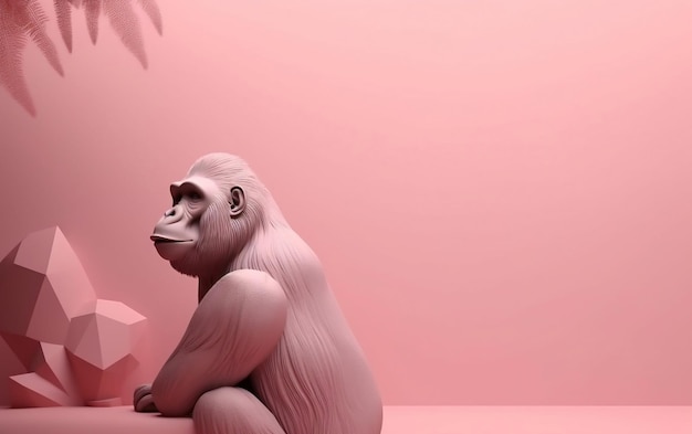 Розовая стена с сидящей перед ней гориллой.