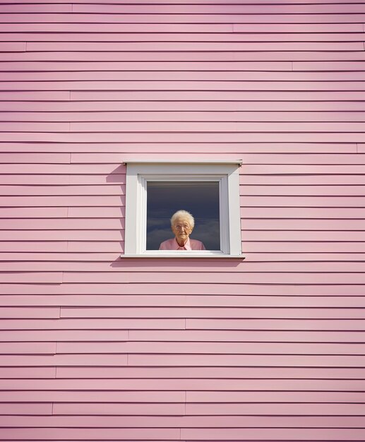 Photo a pink wall with a man looking out of it