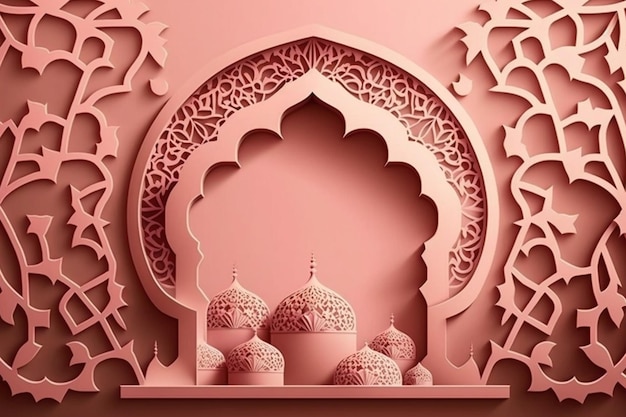 A pink wall with a mosque and a dome.