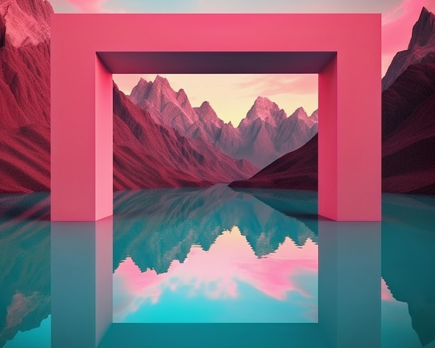 A pink wall with a mountain in the background