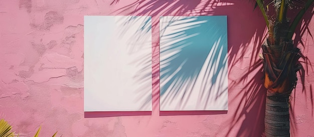 Photo pink wall with palm tree and two windows