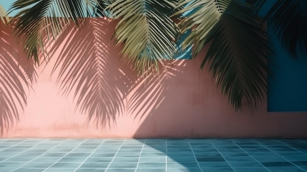 Pink wall with palm trees and a blue background.