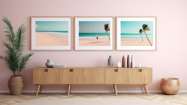 A pink wall with pictures of a beach and a couple on the wall.