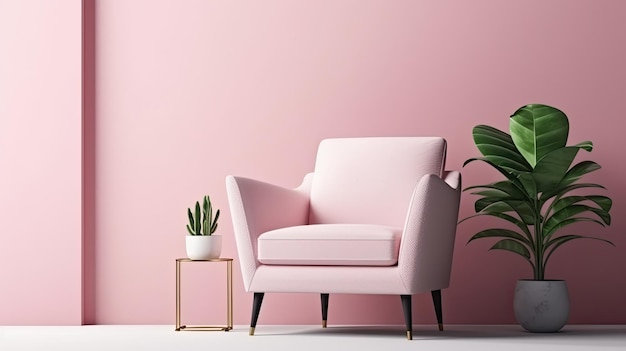 A pink wall with a plant on it and a chair in the corner.