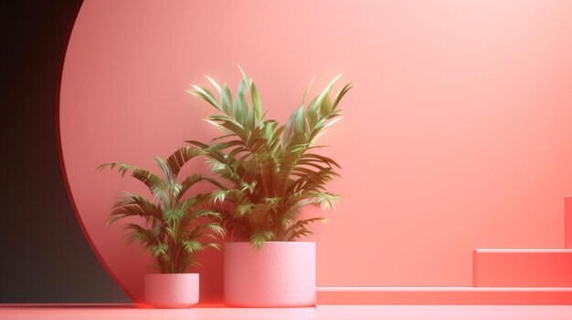 植物が植えられたピンクの壁