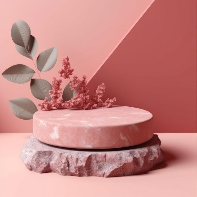 A pink wall with a plant and a rock on it