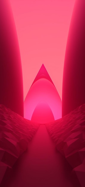 A pink wall with a pyramid in the middle of it