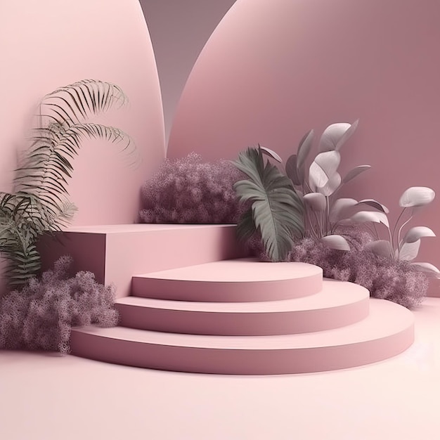 A pink wall with a round platform and a plant in the middle.