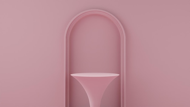 A pink wall with a round podium in the middle.