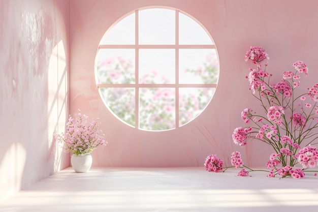 pink wall with a round window and a pink wall with a round window