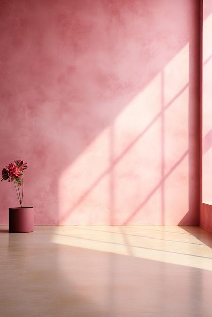 Pink wall with shadows and a potted plant