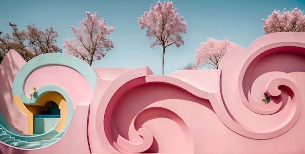 A pink wall with trees in the background