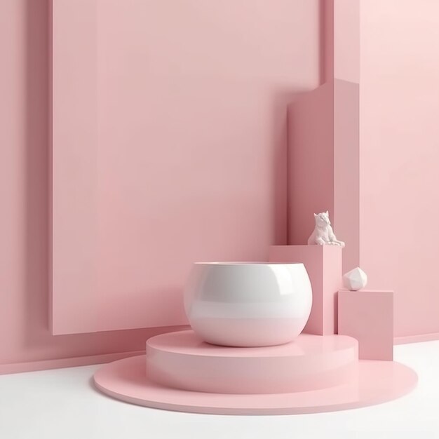 A pink wall with a white bowl and a white cat on it.