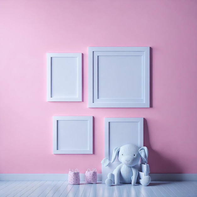 A pink wall with white frames and a stuffed bunny.