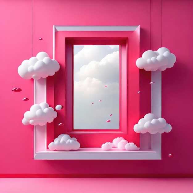 A pink wall with a window frame with clouds and a sky in the background