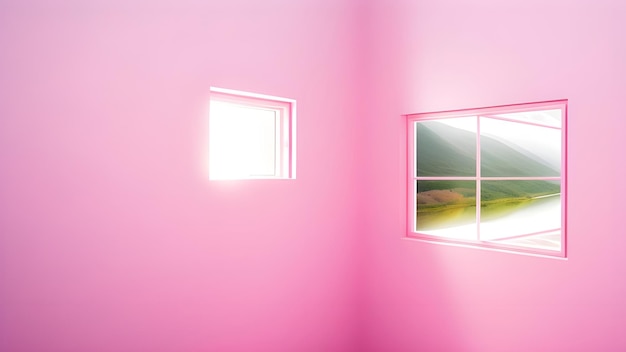 a pink wall with a window that has a window in it