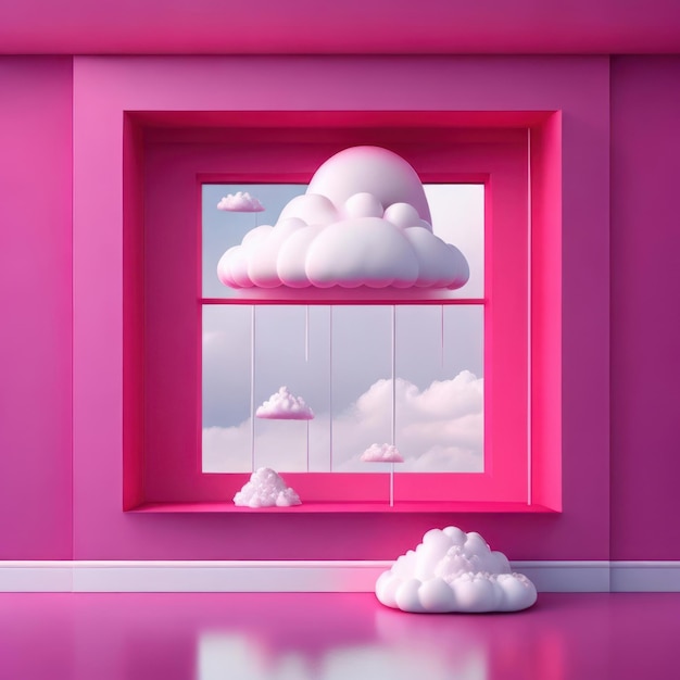 A pink wall with a window with clouds and a pink background