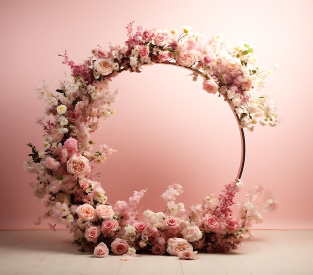 a pink wall with a wreath of flowers on it