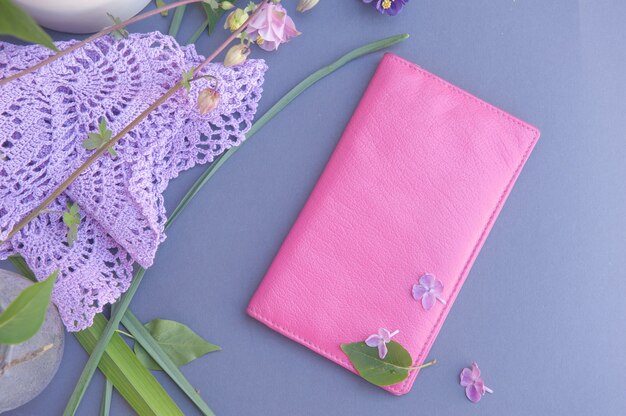 Pink wallet, fashion, flat lay