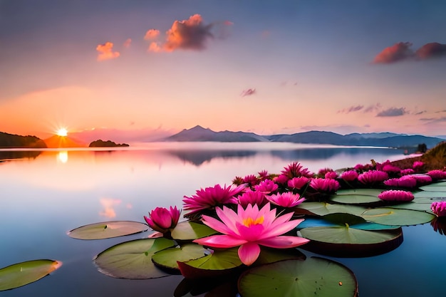 Pink water lilies on a lake with mountains in the background