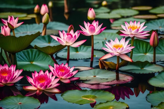 Pink water lilies in a pond with green leaves and pink water lilies