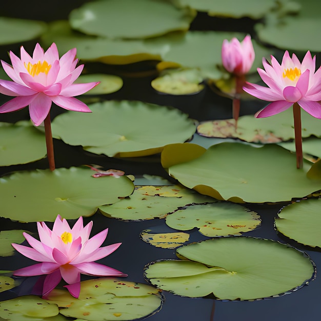 Foto gigli d'acqua rosa in uno stagno con un centro giallo che dice la parola sul fondo