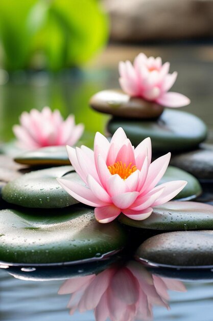 Photo pink water lilies with one that says  lily  on the top