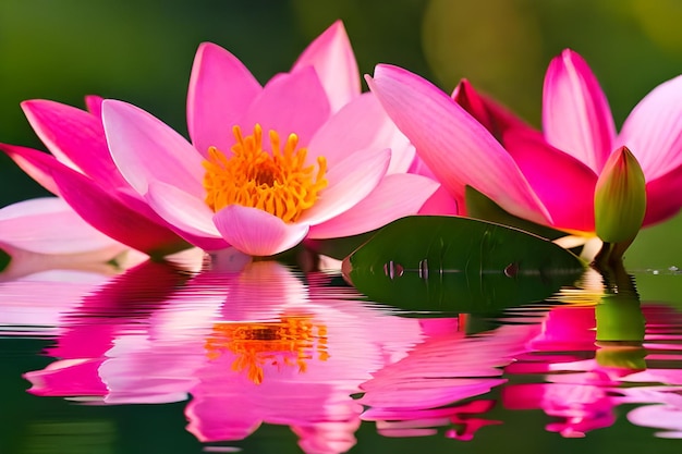 pink water lilies with a reflection of the house in the water.