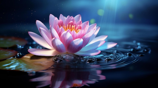 a pink water lily is floating in a puddle of water