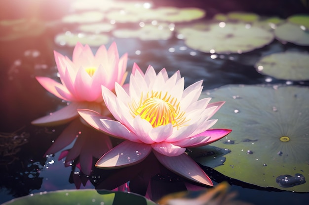 A pink water lily in a pond with the sun shining on it Generative AI