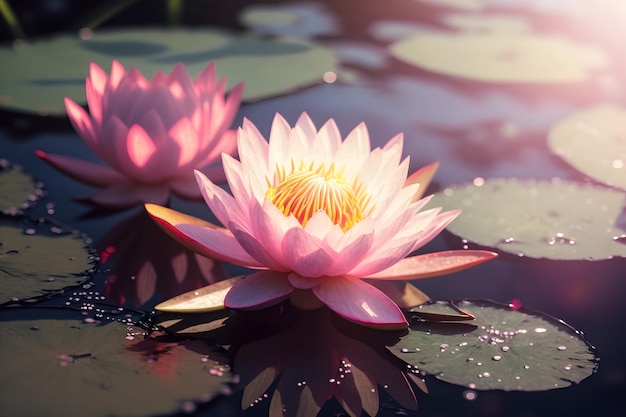 A pink water lily in a pond with the sun shining on it Generative AI