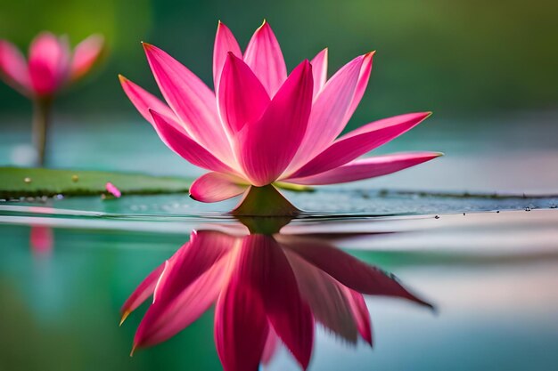 A pink water lily sits on a green surface with the reflection of the sky and the water in the background.