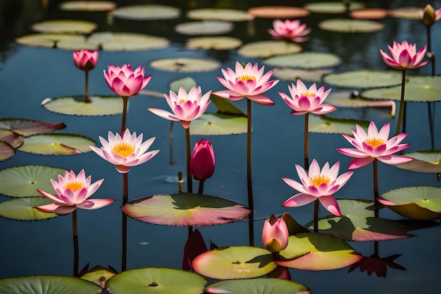 ピンクのスイレンが他の花と一緒に池の中に座っています。