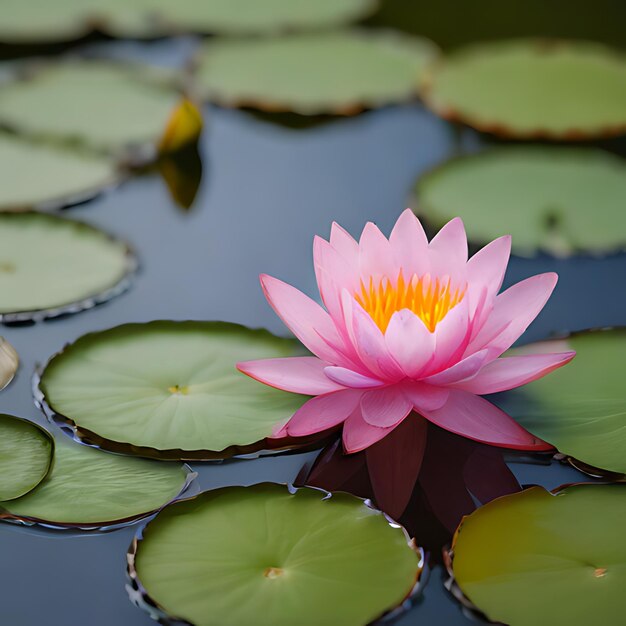 a pink water lily sits in a pond with other lily pads