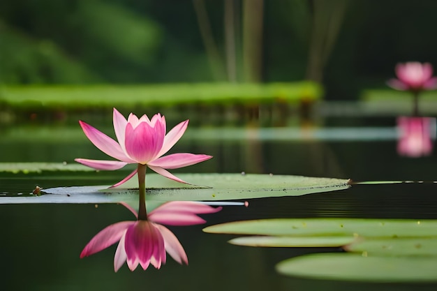 a pink water lily sits in a pond with other plants.