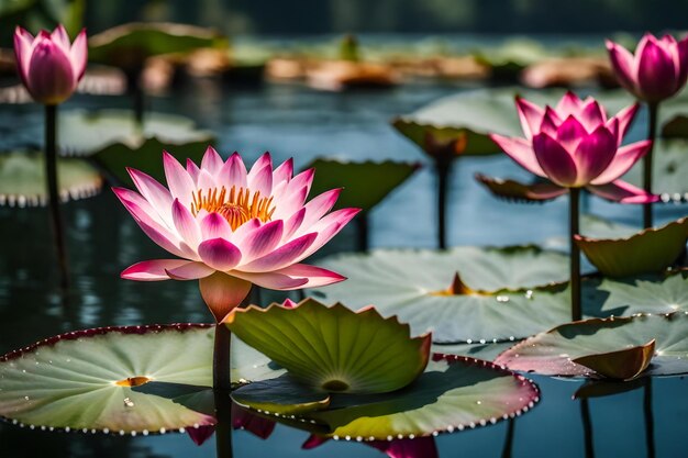 A pink water lily sits on a pond