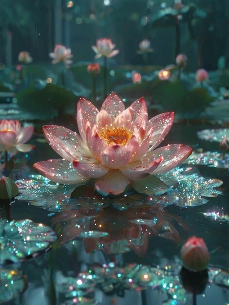 a pink water lily sits on a reflective surface with water droplets around it
